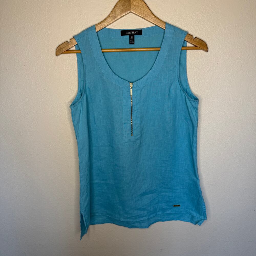 Ellen Tracy Aqua Blue 100% Linen Tank Small